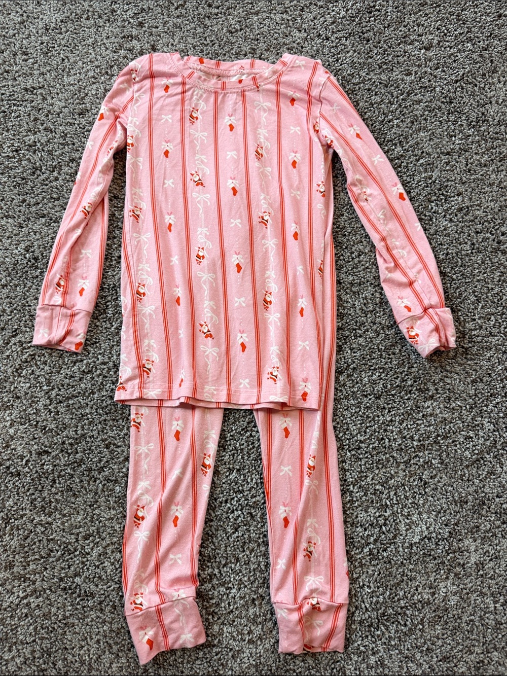 Talula Pink Holiday Stripe Pajama Set with Tiny Santa and Stocking Motif